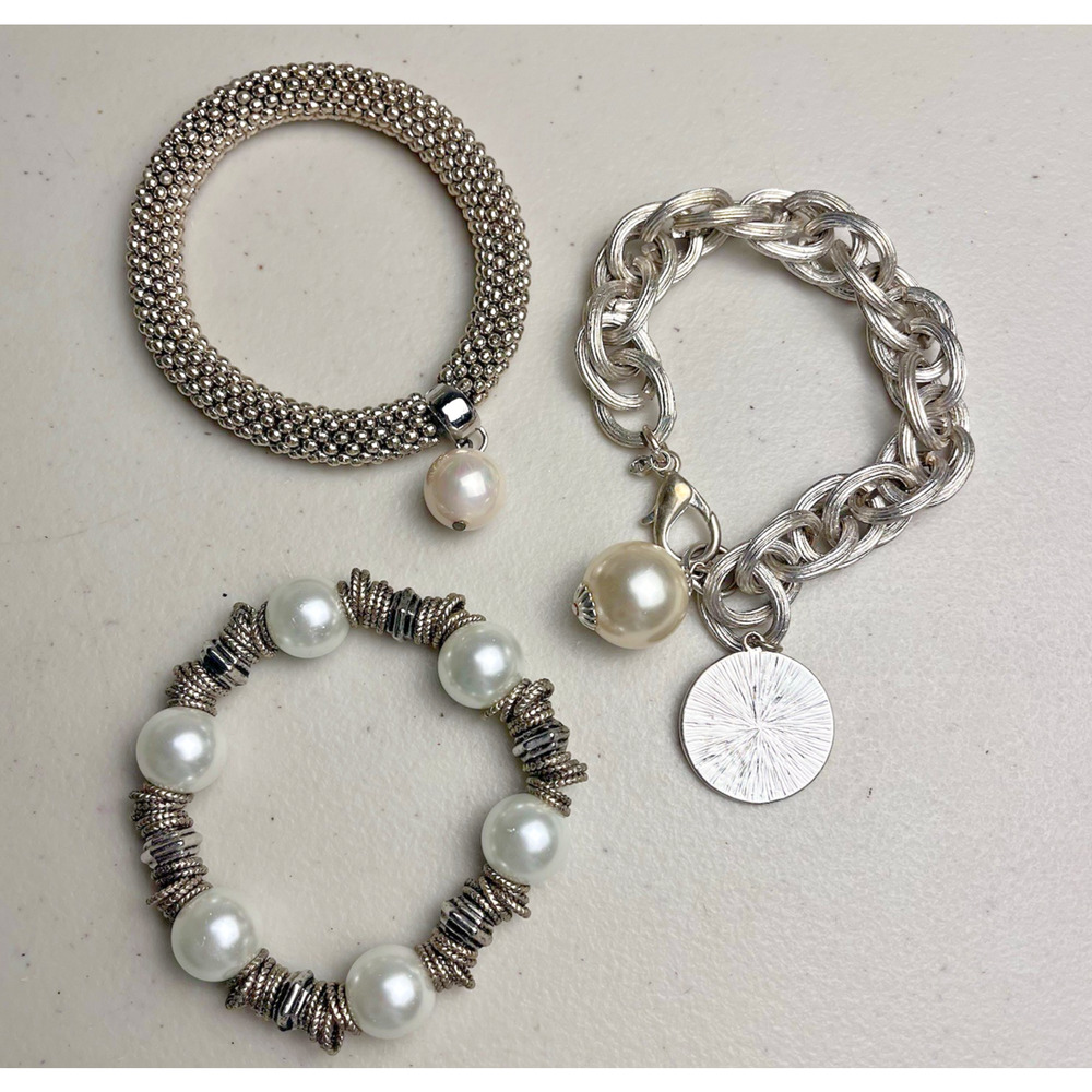 Chunky Silver Tone Bracelet Lot Faux Pearl Initial Charm Large Link Set 3pc
